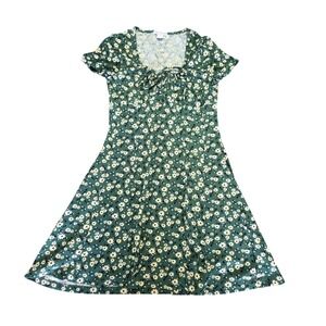 Love Streak Green Floral‎ Ribbed Knit A-Line Dress Square Neck Tie Front Size L